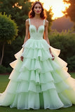 Vert A Line Sweetheart Robe de bal à volants à volants