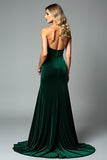 Robe formelle sans bretelles en velours vert foncé avec fente