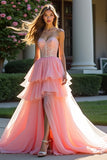 Robe de bal sans bretelles perlée en tulle rose avec fente