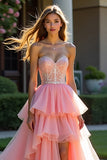 Robe de bal sans bretelles perlée en tulle rose avec fente