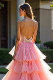 Robe de bal sans bretelles perlée en tulle rose avec fente