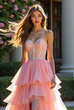 Robe de bal sans bretelles perlée en tulle rose avec fente