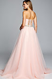 Robe de bal en tulle une ligne sans bretelles rose clair avec perles