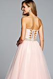 Robe de bal en tulle une ligne sans bretelles rose clair avec perles