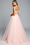 Robe de bal en tulle une ligne sans bretelles rose clair avec perles