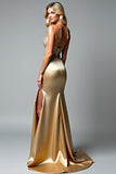 Robe de bal sirène perlée sans bretelles dorées avec fente