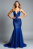 Sirène Robe de bal longue à bretelles spaghetti bleu royal