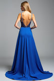 Bretelles spaghetti bleu royal une ligne perles robe de bal avec fente