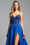 Bretelles spaghetti bleu royal une ligne perles robe de bal avec fente
