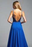 Bretelles spaghetti bleu royal une ligne perles robe de bal avec fente