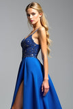 Bretelles spaghetti bleu royal une ligne perles robe de bal avec fente