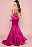 Robe de bal longue sirène sans bretelles fuchsia avec perles