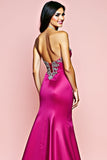 Robe de bal longue sirène sans bretelles fuchsia avec perles