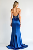 Robe de bal gaine bleu royal avec fente en perles sans bretelles