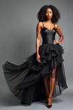 Noir Une ligne longue spaghetti bretelles robe formelle avec volants