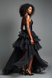 Noir Une ligne longue spaghetti bretelles robe formelle avec volants