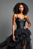Noir Une ligne longue spaghetti bretelles robe formelle avec volants