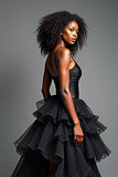 Noir Une ligne longue spaghetti bretelles robe formelle avec volants