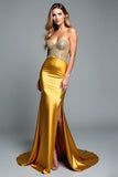 Appliques dorées perles bustier gaine robe de bal avec fente