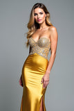 Appliques dorées perles bustier gaine robe de bal avec fente