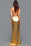 Robe de bal longue plissée dos nu doré fourreau avec fente