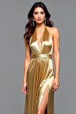 Robe de bal longue plissée dos nu doré fourreau avec fente