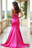 Robe de bal longue sirène à col carré fuchsia avec fente