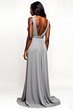 Robe d’invitée de mariée longue à col en V gris à dos ouvert
