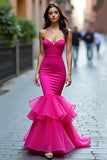 Robe de bal longue sirène fuchsia avec tulle
