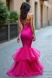 Robe de bal longue sirène fuchsia avec tulle