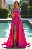 Fuchsia A Line Spaghetti Straps Satin Robe Longue de Bal Avec Fente
