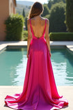 Fuchsia A Line Spaghetti Straps Satin Robe Longue de Bal Avec Fente
