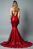 Sirène scintillante rouge spaghetti bretelles robe longue de bal