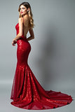 Sirène scintillante rouge spaghetti bretelles robe longue de bal