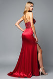 Robe de bal longue en satin rouge scintillant avec fente sirène