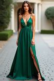 Satin vert foncé Une ligne spaghetti bretelles robe de bal avec fente