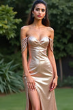 Robe de bal longue à épaules dénudées champagne scintillante avec fente