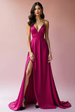 Robe de bal longue ligne à bretelles spaghetti dos nu fuchsia avec fente