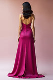 Robe de bal longue ligne à bretelles spaghetti dos nu fuchsia avec fente