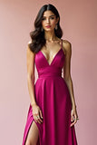 Robe de bal longue ligne à bretelles spaghetti dos nu fuchsia avec fente