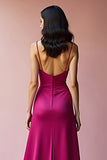 Robe de bal longue ligne à bretelles spaghetti dos nu fuchsia avec fente