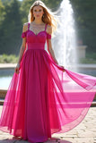 Fuchsia Épaule Dénudée Une Ligne Robe Longue De Bal