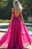 Fuchsia Épaule Dénudée Une Ligne Robe Longue De Bal