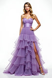 Violet Tiered A Ligne Robe de Bal Sans Bretelle avec Fente