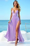Robe de demoiselle d’honneur longue plissée plissée lilas dos ouvert spaghetti avec fente