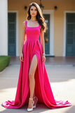 Robe de bal longue ligne à col carré fuchsia avec fente