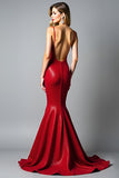 Robe de bal longue dos nu sirène rouge foncé scintillante