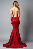 Robe de bal longue dos nu sirène rouge foncé scintillante