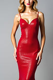 Robe de bal longue dos nu sirène rouge foncé scintillante