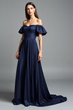 Robe formelle à épaules dénudées bleu marine froncée